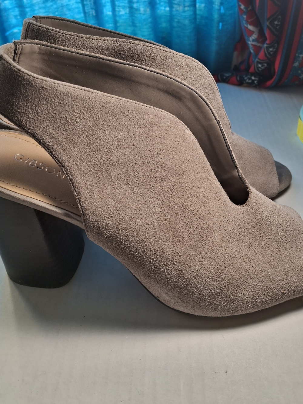 Gibson Latimer Taupe Suede Open-Peep Block Heel Mules